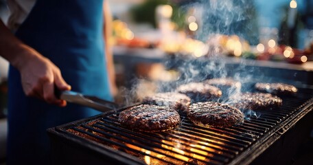 Chef grilling hamburger patties with tongs on a barbecue grill, creating delicious meals at an outdoor summer party filled with smoke and heat