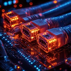 Network Cables Closeup: Illuminated RJ45 Connectors on Motherboard