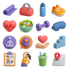 Fitness 3d icons set: yoga mat, gym bag, water bottle, sneakers, heartbeat, salad, dumbbell, eye mask