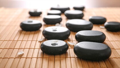 Close Up View Of Black Spa Stones On Bamboo Mat With Scattered White Flower Petals For Relaxation