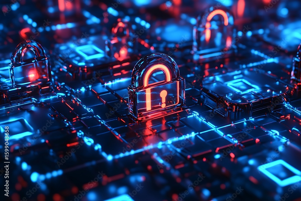 Poster cybersecurity padlocks on digital circuit board protecting network security concept