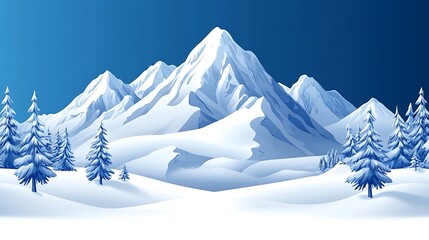Snowy mountain range with evergreen trees.