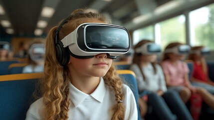 Young students wearing virtual reality headsets in a classroom setting.