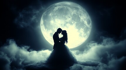 Silhouette of a loving couple under a full moon.