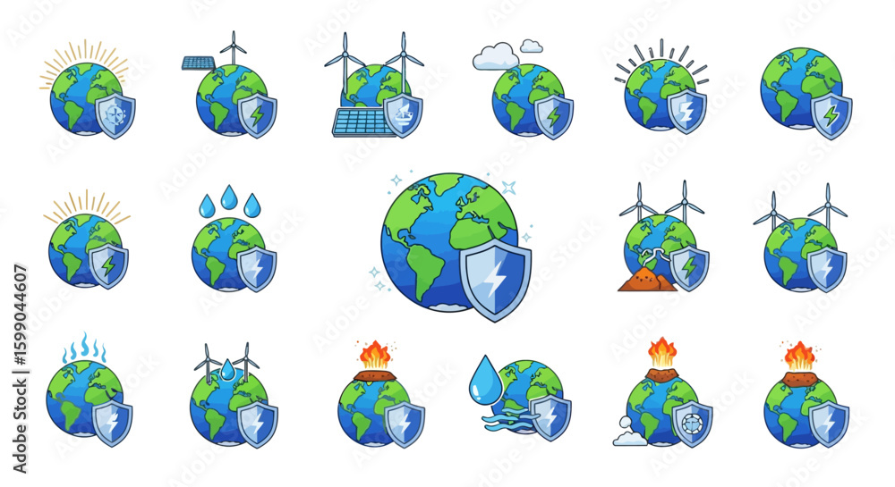 Poster vector icons set of a collection of cartoon earth globe icons with shields representing environmenta