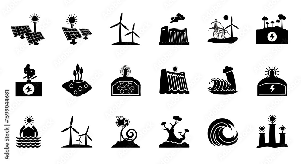 Poster vector icons set of a collection of black silhouette icons representing various renewable and altern