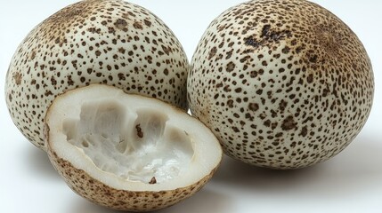Close-up studio shot of immature puffball mushrooms with unique speckled patterns and textured