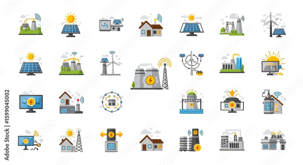 Poster vector icons set of a comprehensive set of colorful flat design icons representing various energy so