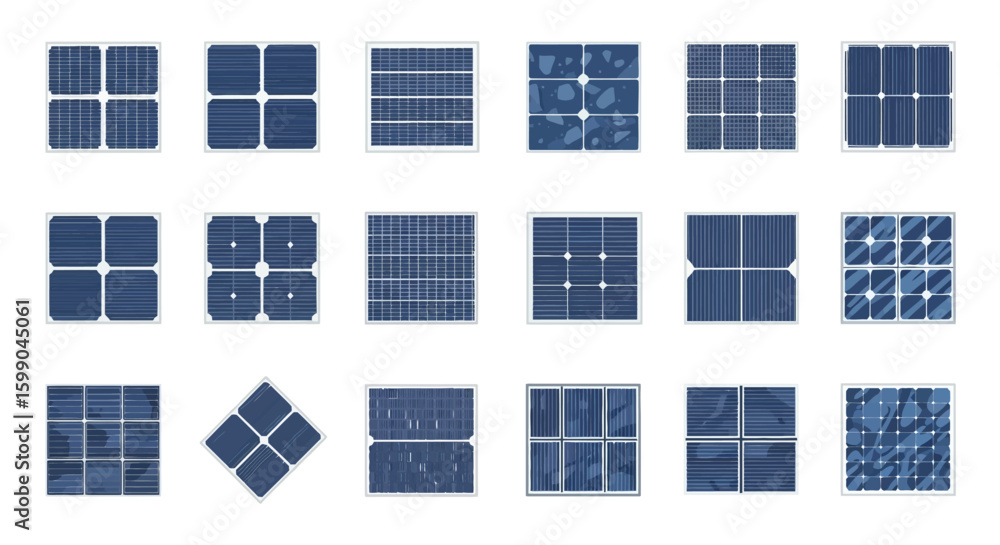 Poster vector icons set of a diverse collection of blue solar panel modules with various cell configuration