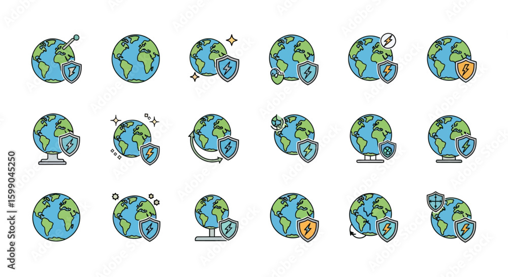 Poster vector icons set of a set of colored line art icons depicting planet earth with protection shields l
