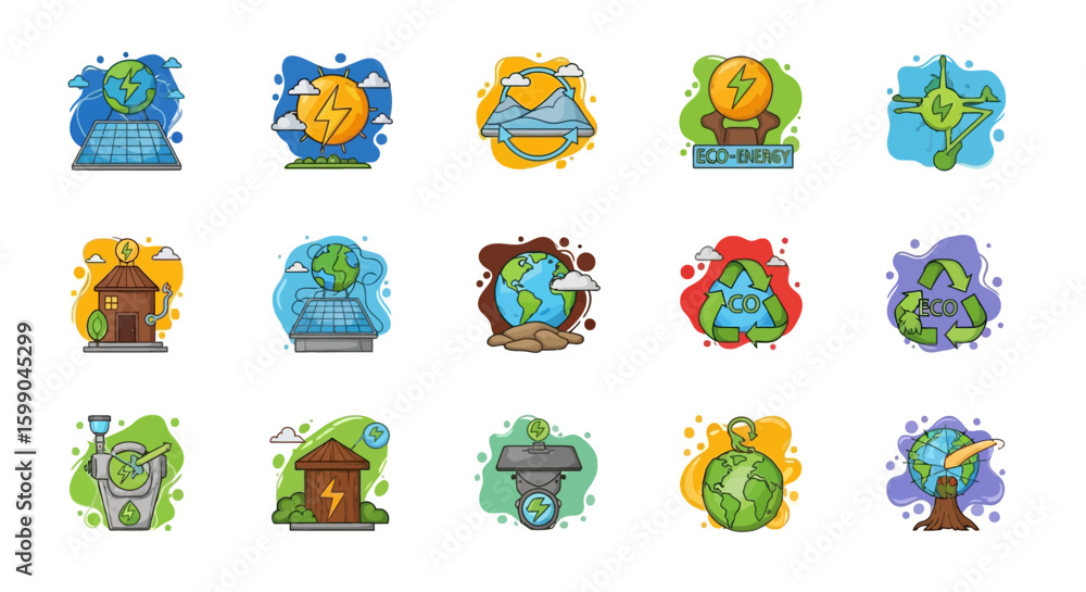 Poster vector icons set of a vibrant collection of cartoonstyle icons illustrating ecofriendly concepts ren