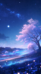 桜 さくら 木 月 月光 よる 夜 夜桜 はる 春 日本 アニメ风 背景 壁紙