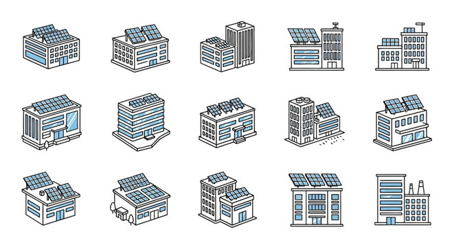 Vector Icons Set of A diverse set of modern building icons with rooftop solar panels illustrated in a clean isometric line art style with blue accents. EPS Editable