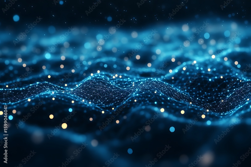 Poster abstract network structure with glowing dots against a dark blue background
