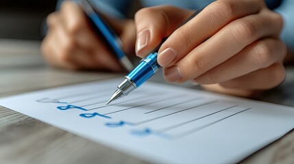 Completing a checklist with a blue pen, marking tasks as done on a paper document