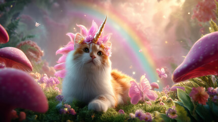 Unicorn cat in fantastic fairytale meadow, vivid candy colors, a kid's fantasy