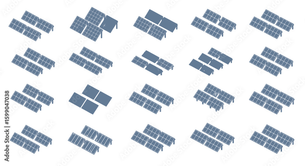 Poster vector icons set of isometric illustration of solar panel arrays in a repeating grid pattern for ren