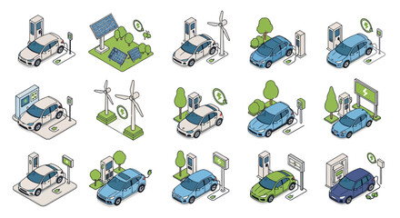 Vector Icons Set of Isometric illustration set of electric vehicles at charging stations powered by renewable solar and wind energy. EPS Editable