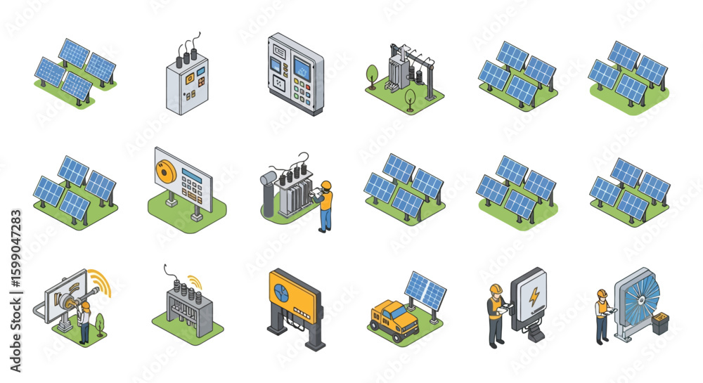 Poster vector icons set of isometric solar energy icon set with panels transformers and power generation eq