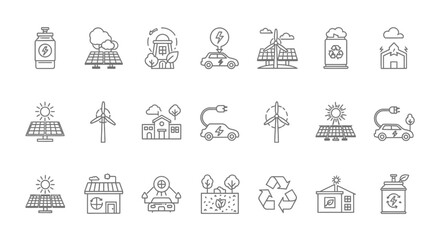 Vector Icons Set of Minimalist line art icon set for renewable energy featuring solar panels wind turbines electric cars and recycling symbols. EPS Editable