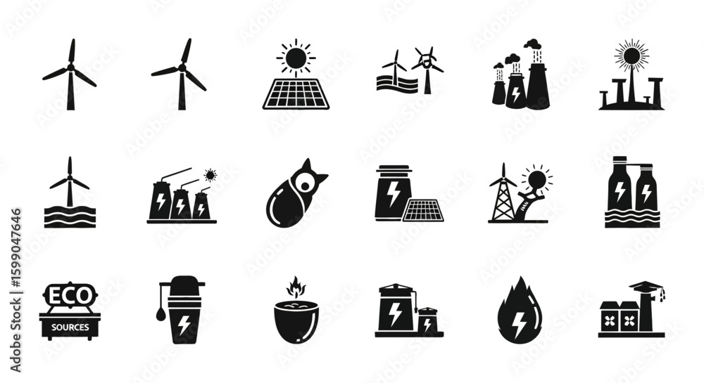 Poster vector icons set of set of black glyph icons representing various energy sources and ecological conc