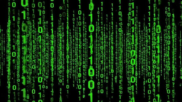 Green binary code falling down over a dark background.