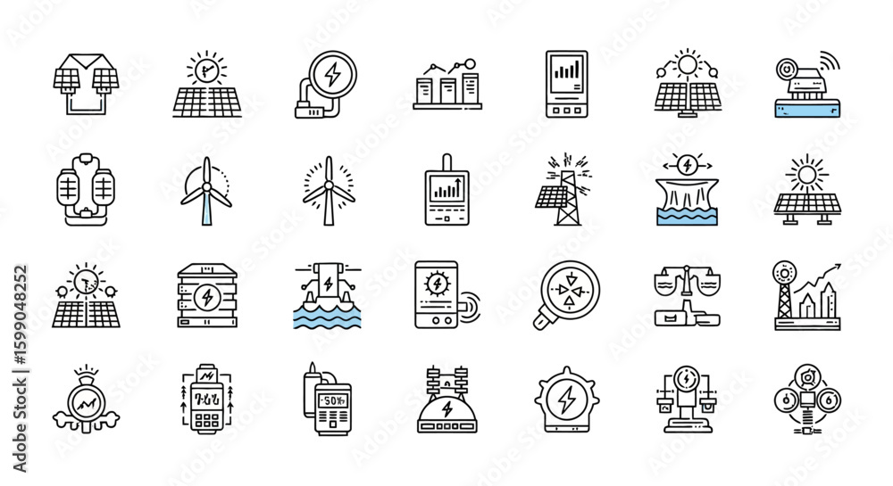 Poster vector icons set of smart energy and renewable power generation line icon collection. eps editable