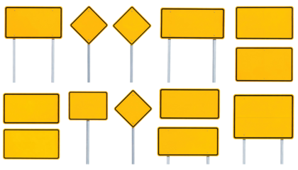 Various blank yellow road signs isolated on a transparent background.