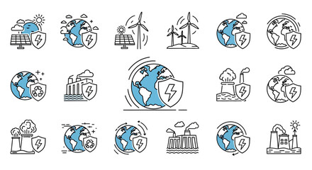 Vector Icons Set of Set of renewable energy and environmental protection icons Minimalist line art with blue accents featuring globe solar panels wind turbines and power plants. EPS Editable
