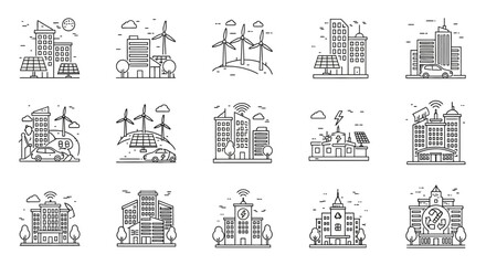 Vector Icons Set of Set of Smart City and Green Energy Line Art Icons with Solar Panels Wind Turbines and Electric Cars. EPS Editable