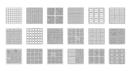 Vector Icons Set of Set of various geometric grid patterns for waffle molds presented in a clean line art style. EPS Editable