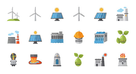 Vector Icons Set of Vibrant flat vector icon collection illustrating diverse energy sources including wind turbines solar panels and industrial power plants. EPS Editable