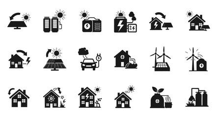 Vector Icons Set of A black silhouette icon set illustrating renewable energy concepts like solar panels wind turbines and ecofriendly homes. EPS Editable