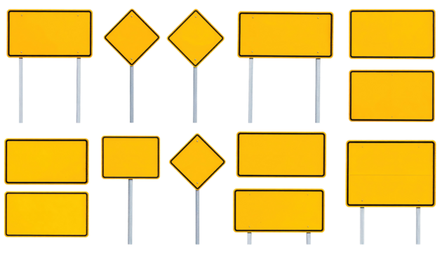 Various blank yellow road signs isolated on a transparent background.