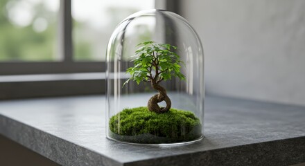 A Small Tree Encased in a Glass Dome on a Gray Surface with Natural Light Streaming In