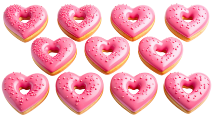 Heart-shaped doughnuts with pink icing and sprinkles isolated on a transparent background.
