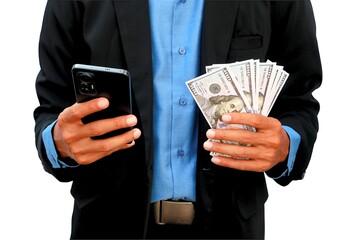 close up photo of businessman's hand holding dollar bill and mobile phone