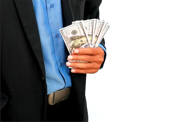 Close up of businessman hand holding 100 dollar money