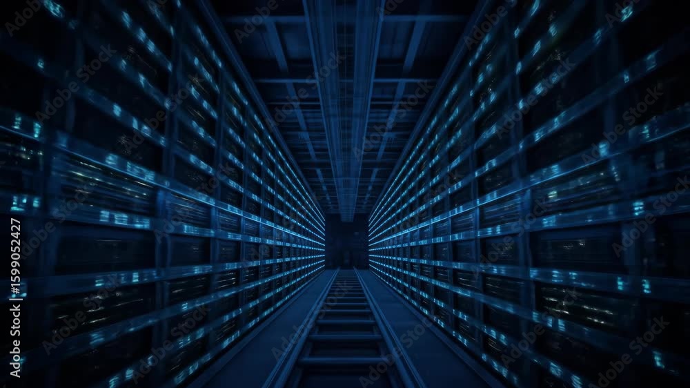 Aufkleber data center with rows of server racks, technology concept, data storage and computing, blue lighting