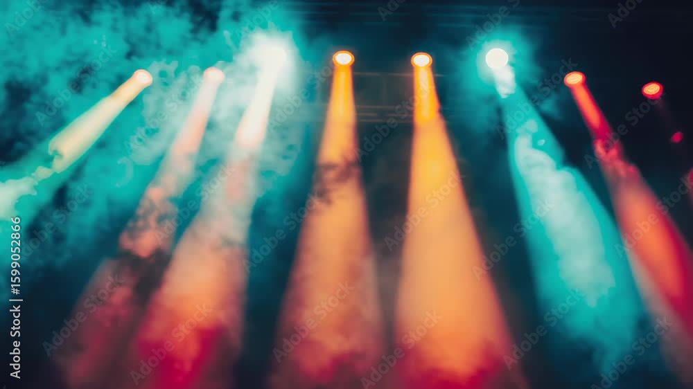 Poster dynamic beams of light pierce through fog, creating an engaging atmosphere during a live performance