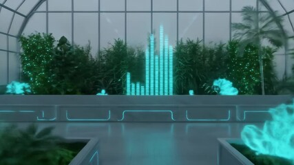 Futuristic greenhouse interior with glowing plants, pathway and glowing trees. - Powered by Adobe