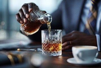 Man pours whiskey into glass with ice, with a coffee cup and newspapers on a wooden table