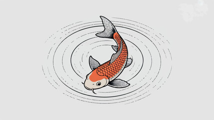 Minimalist black and white line art of a koi fish swimming in circular water ripples