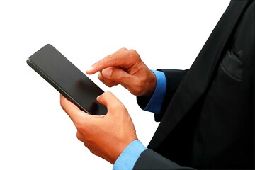 close up photo of businessman's hand holding cellphone