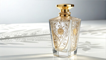 Luxurious clear glass perfume bottle with ornate gold floral etching and gold cap