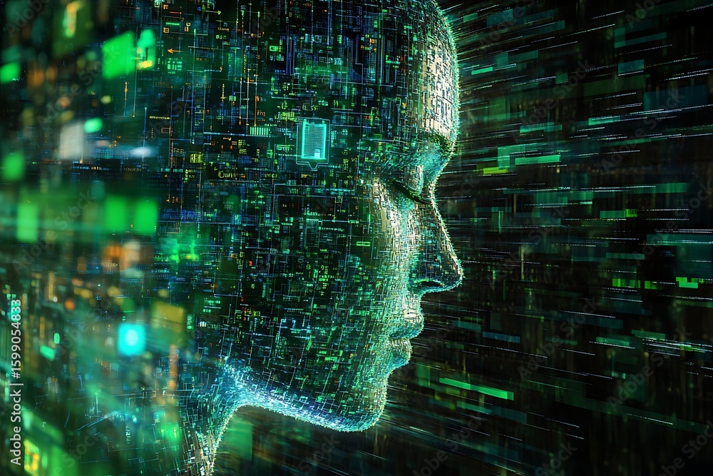 Poster digital human head profile with data streamlines representing artificial intelligence