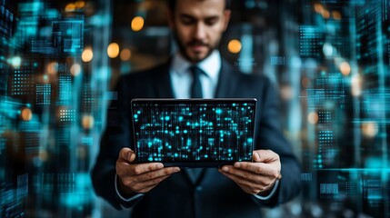 Businessperson reviewing digital data on a tablet.