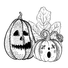 A Halloween Pumpkin Duo with spooky faces and whimsical leaves, perfect for the season