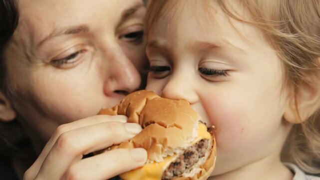 Child bites burger with mother watching, eating tasty fast food