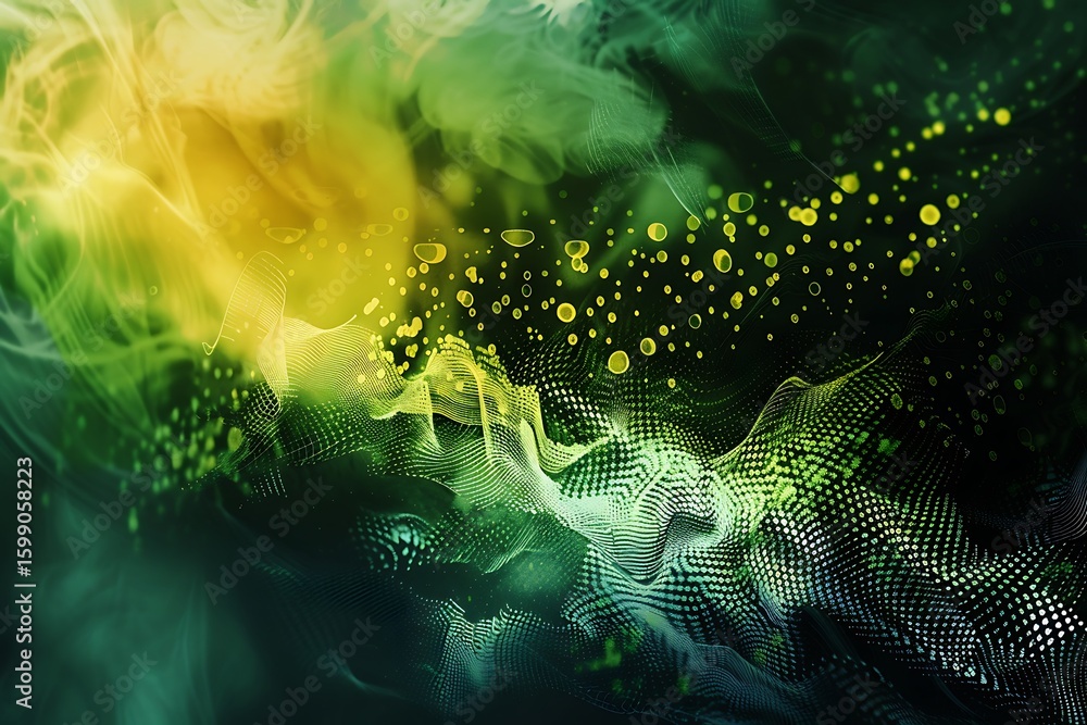 Poster abstract green and yellow background with flowing particles and undulating grid pattern